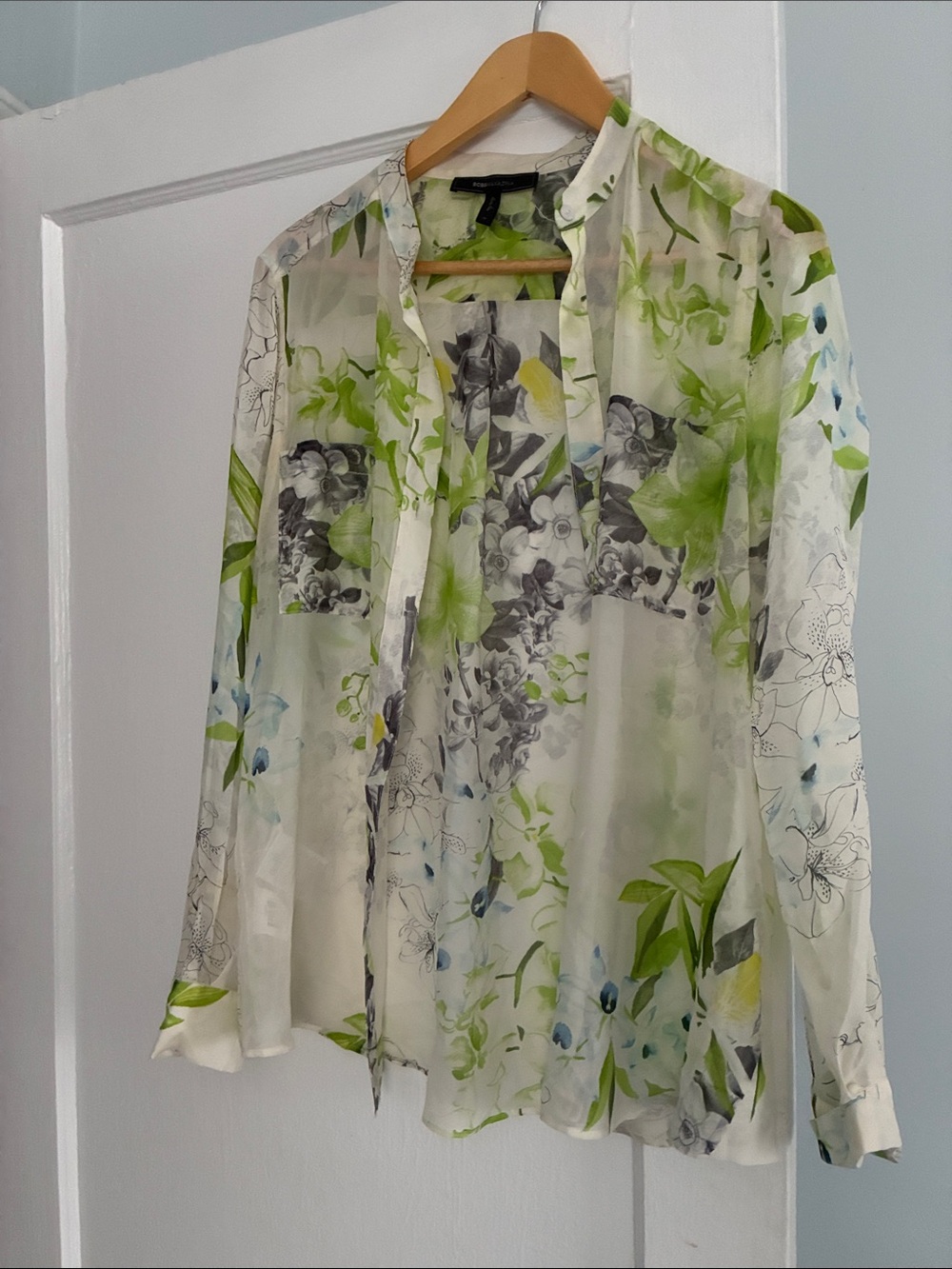BCBGMaxAzria Sheer Silk  White Blouse with Green & Gray Floral Print